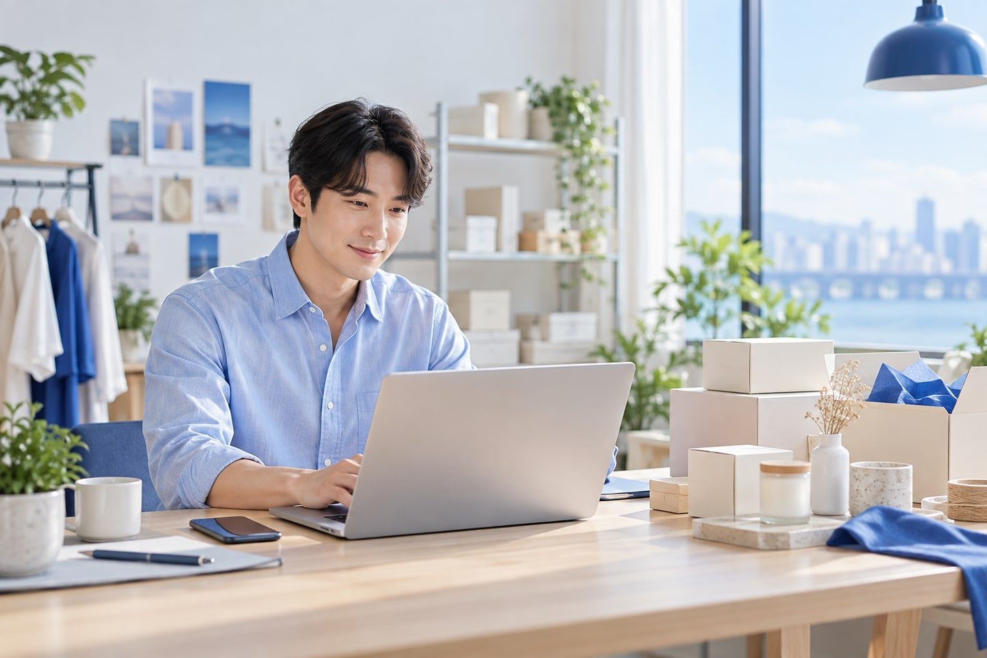 온라인 쇼핑몰 운영자가 노트북과 포장 상품을 확인하는 연출 장면 — 쇼핑몰 PG 결제 막혔던 몰에도 카드 · 간편결제, 결제창부터 열어 드립니다.